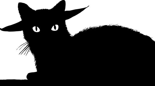 Silhouette of a black cat with wide eyes and pointed ears, looking forward