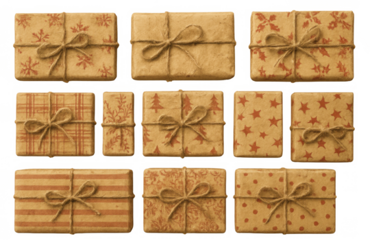 Christmas gifts wrapping collection with rustic brown paper and twine, holiday presents with patterns on transparent background - Powered by Adobe