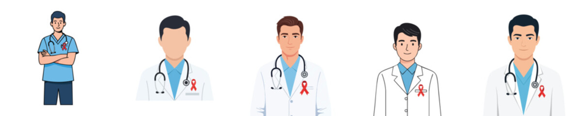 Healthcare Worker Vector with Red Ribbon Symbol for World AIDS and HIV Awareness in Flat Design Medical Illustration