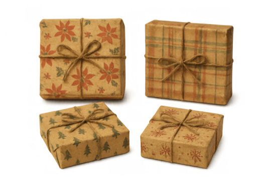 Christmas gifts rustic brown paper wrapping presents set. Holiday boxes with traditional patterns tied with twine bow