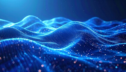 Abstract, glowing blue waves surface with sparkling particles. Dark blue background gives depth, texture and dimension