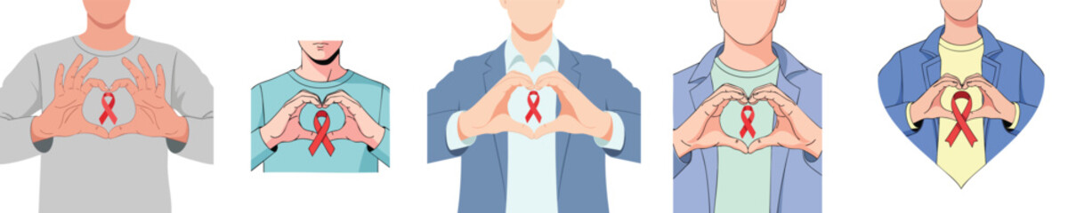 Fototapeta premium Hands Forming Heart Shape with Red Ribbon Symbol for World AIDS and HIV Awareness in Flat Vector Illustration