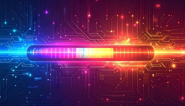 Abstract glowing central light object with blue, pink, and red circuit board design in background