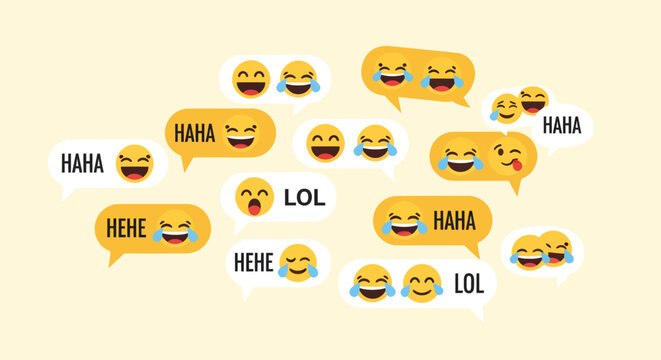Social media communication concept featuring a collection of yellow chat bubbles with laughing with tears of joy emojis and text like LOL and HAHA
