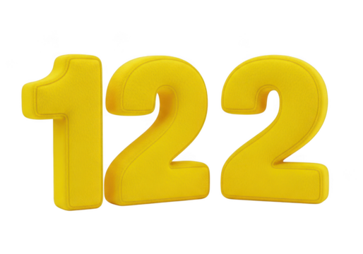 Yellow numbers 122 isolated on transparent background