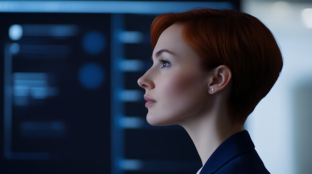 A focused professional with short red hair gazes intently at a screen, her profile highlighting her sharp features and confident demeanor. The modern setting suggests innovation.