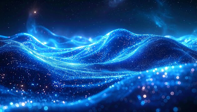Abstract glowing blue waves with sparkling light particles against a dark, nebula-filled sky