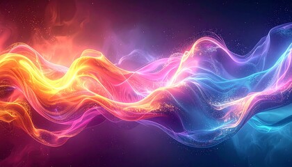 Abstract, glowing ribbons flow left to right, transitioning from warm orange/pink tones to cool blues/purples with sparkle