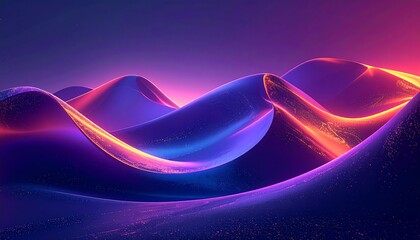 Abstract landscape featuring fluid, wavy forms, illuminated by vibrant neon pink, orange, and purple hues