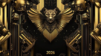 Winged cat statue in golden futuristic temple 2026 art