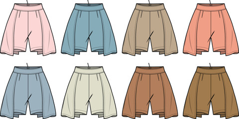 Fashion flat sketch collection of women's short flared skirt or culottes in multiple color variations, ideal vector illustration for apparel design, concepts, and technical drawings