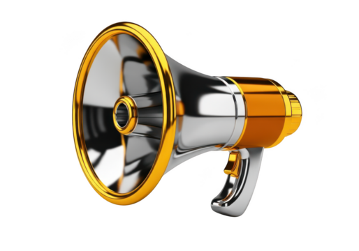 Shiny gold and silver megaphone isolated on transparent background
