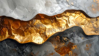 Abstract image featuring a golden wavy band between layers of textured gray and white surfaces with golden flecks