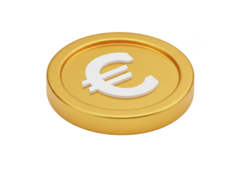 Golden euro coin with euro symbol isolated on transparent background