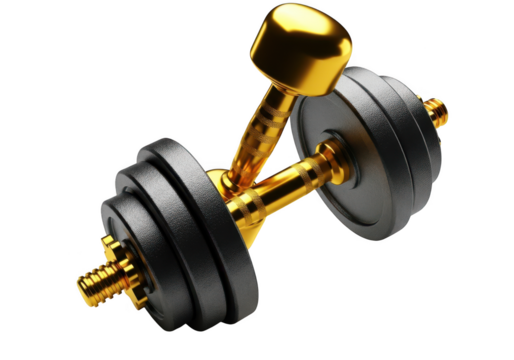 Golden dumbbell with black weights isolated on transparent background
