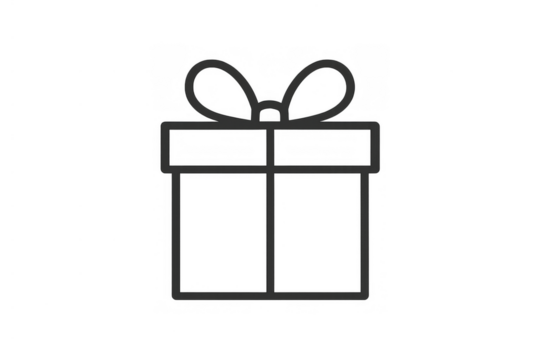 Gift box outline icon representing presents, surprises, celebration, shopping, and holiday giving on transparent background