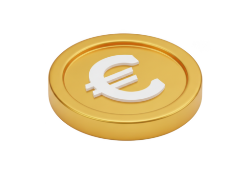 Golden euro coin with euro symbol isolated on transparent background