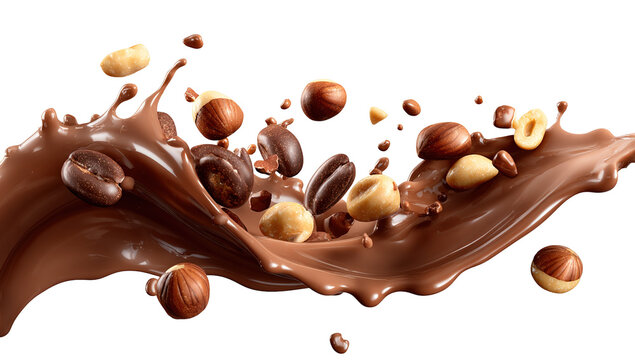 A dynamic splash of rich, melted chocolate mixed with whole hazelnuts and fresh green leaves, creating a delicious and tempting composition that highlights the smooth texture and nutty flavor of choco