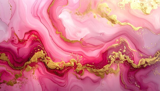 Abstract pink and gold swirls and waves create a delicate and luxurious, organic, watercolor-like pattern - Powered by Adobe