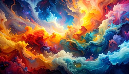 Abstract swirling clouds of vibrant colors blend and dance, forming an ethereal, dreamlike, and captivating scene