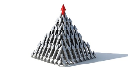 Red abstract 3d metal arrow points up a stack of books, illustrating a concept of success and growth in a business pyramid