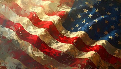 Abstract textured American flag waving with streaks of light in a painterly style