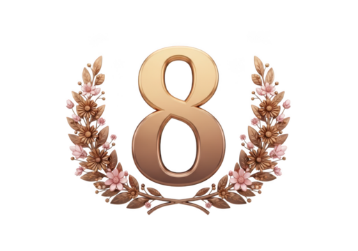 Number 8 with floral wreath isolated on transparent background
