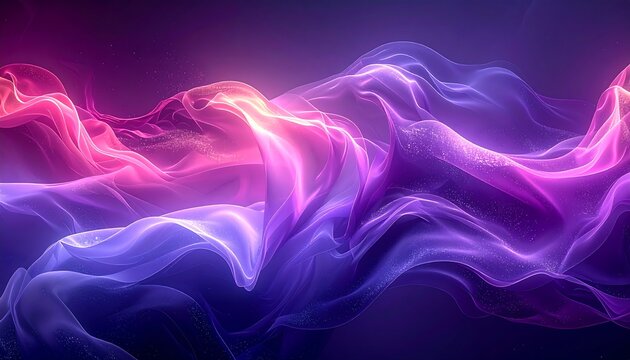Abstract, swirling light ribbons in gradients of pink, purple, and blue, floating against a dark background - Powered by Adobe