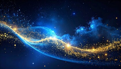Abstract wave of glowing particles flows across a dark blue background, evoking cosmos and digital art