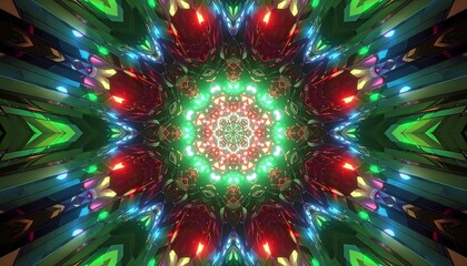Abstract symmetric tunnel with colorful lights, forming a kaleidoscopic and futuristic pattern in a hypnotic way