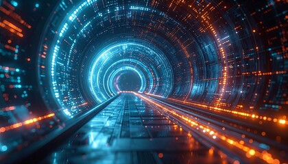 Abstract tunnel with blue and orange lights converging towards a vanishing point, creating depth and an immersive effect