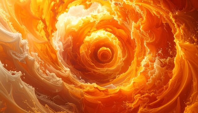 Abstract swirling vortex of vibrant orange and cream colors, resembling a fiery explosion or fluid motion