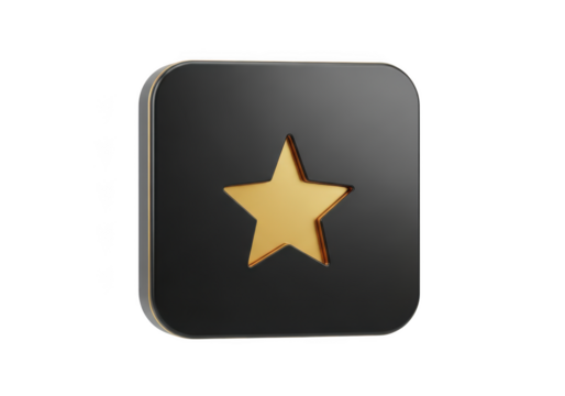 Golden star icon on a black square isolated on transparent background