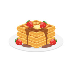 Delicious waffle dessert with melted chocolate and fruit