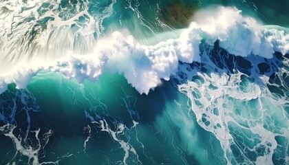 Aerial shot of an ocean wave cresting, revealing turquoise water, white foam, and dark blue depths underneath