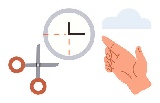 Scissors cutting through a clock, a hand pointing forward, and a cloud in the background. Ideal for time management, productivity, simplification, decision-making, work-life balance, efficiency