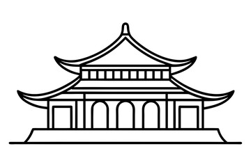 Fototapeta premium A minimalist black and white line art illustration of a traditional east asian pagoda building with curved roofs and arched doorways presented in a clean silhouette style