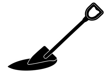 A simple black silhouette of a garden spade with a pointed metal blade and a d shaped handle on a white background representing digging and gardening tools silhouette