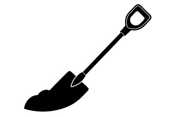A simple black silhouette of a garden spade with a d shaped handle and a blade digging into a mound of earth isolated on a white background representing digging and gardening activities silhouette