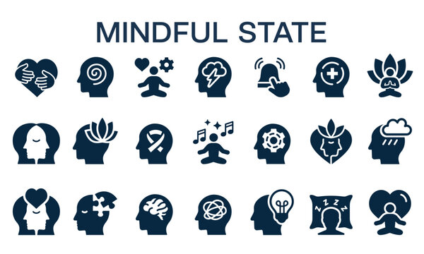 Mindful state icons set. Awareness, meditation, calmness, therapy, and relaxation silhouette signs.