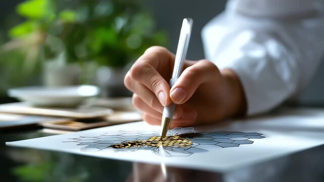 Defocused person sketching with sharp focused detailed honeycomb line art pattern with bees on paper, with copy space
