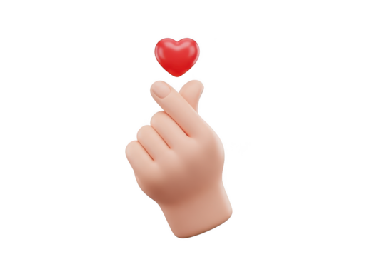 3d cartoon hand making korean finger heart gesture isolated on transparent background