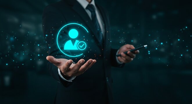Businessman holding holographic user icon representing digital identity, data protection, and online security in modern technology concept
