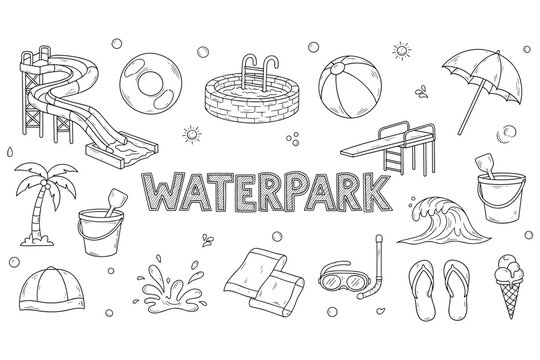 Outline illustration of water park elements with slides and pool