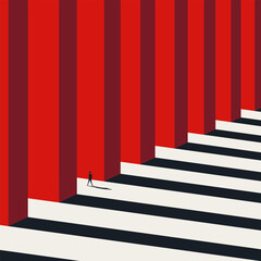 An abstract, high-contrast illustration of a man navigating a path between columns, representing a difficult career challenge, a maze, the long and hard road to success, and finding your way.