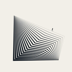 An elegant, minimalist illustration of a woman ascending a geometric striped shape, symbolizing climbing to the top, career success, reaching ambition, high performance, and growth.