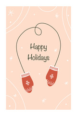 Seasonal greeting, elemental design, winter mittens, and falling snowflakes