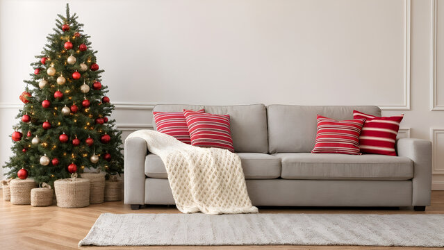 Minimalist living room with Christmas decorations. sofa and christmas tree