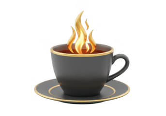 Hot coffee in a black cup with gold trim, isolated on transparent background