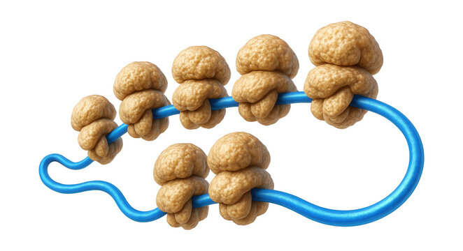 Polysome chain with several ribosomes attached to one mRNA strand.